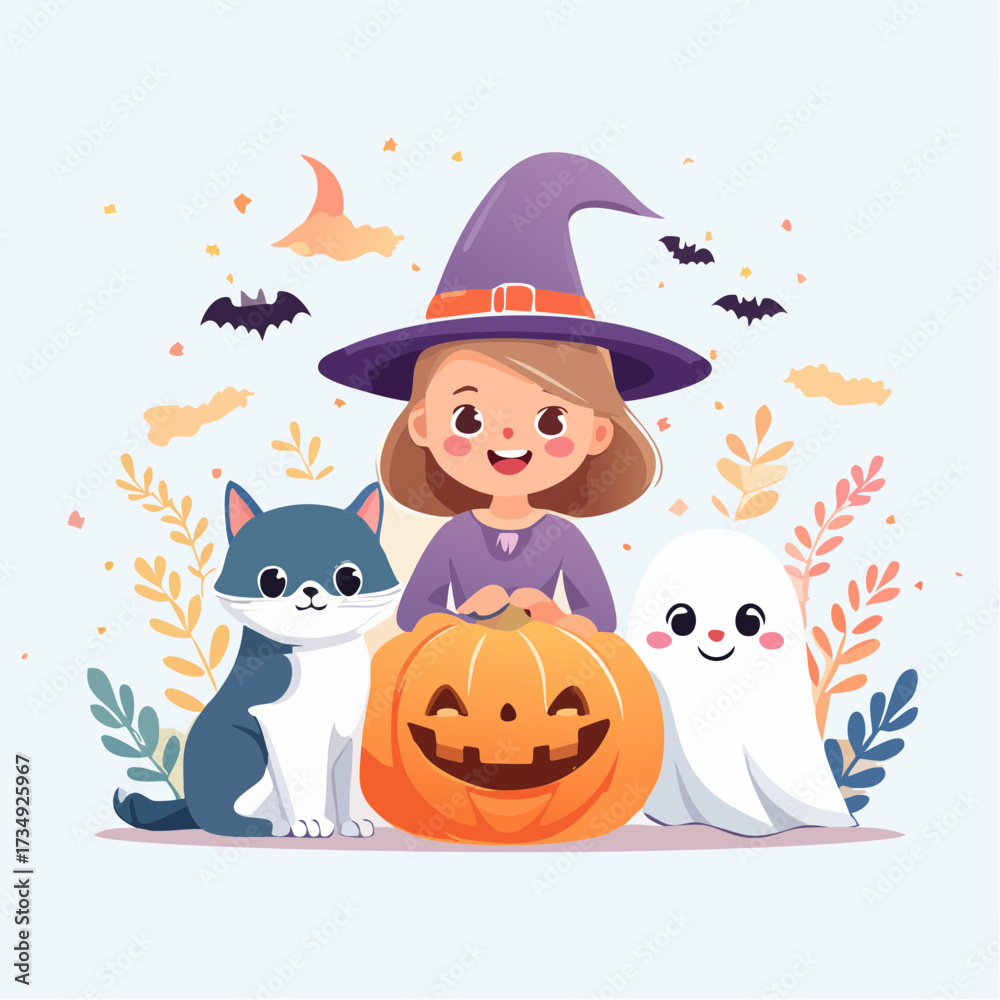 Fototapeta premium Adorable Halloween illustration featuring a cheerful girl in a witch hat, playful ghost, and a cat beside a carved pumpkin, creating a festive atmosphere with pastel colors
