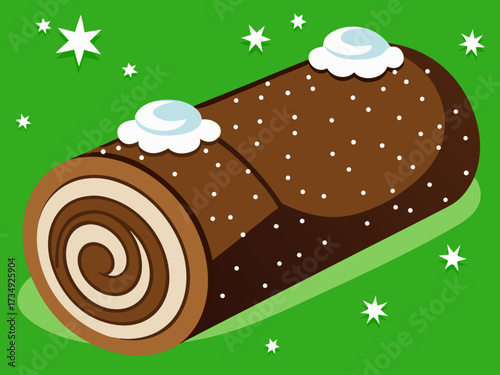 Chocolate Swiss Yule log dessert illustration with cream topping and festive Christmas stars on a vibrant green background, showcasing a delicious and inviting treat for celebrations