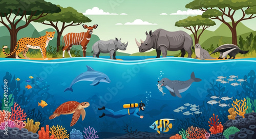 World Wildlife Day Hands Holding a Nature Sphere with Elephants and Fish, Symbolizing Wildlife Conservation in a Vibrant Illustration