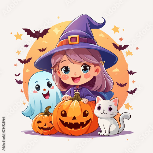 Adorable Halloween illustration featuring a playful girl in a witch hat, cheerful ghost, cute cat, and carved pumpkins, creating a festive and whimsical atmosphere
