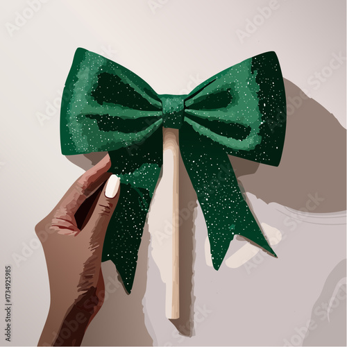 Black womans hand using a large stick to adjust an elegant green Christmas bow with subtle glitter, showcasing creativity and holiday spirit in a festive atmosphere