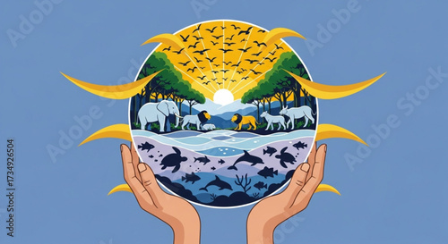 World Wildlife Day Hands holding a globe with diverse wildlife, a conceptual illustration of environmental protection, biodiversity, and the balance of nature