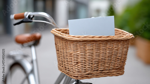 Tranquil close up of bicycle basket with blank note delivery for gig economy workforce. This simple transport method offers sustainable job in calm urban setting