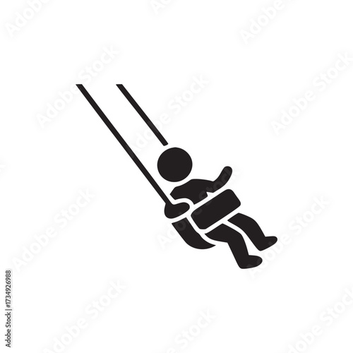 Vector art of a simple black silhouette of a child on a swing, , captures the essence of childhood joy and carefree play, evoking memories of sunny days and playground adventures