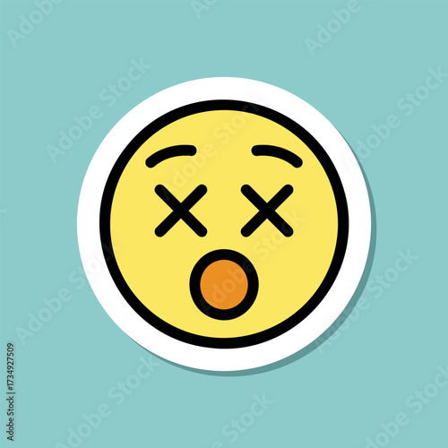 smiling face with crossed out eyes emoji sticker, yellow face with x eyes, black outline, vector design element