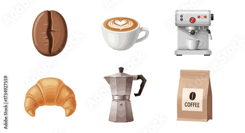 Vector art of coffee icons including bean, cup, machine, croissant, pot, and bag