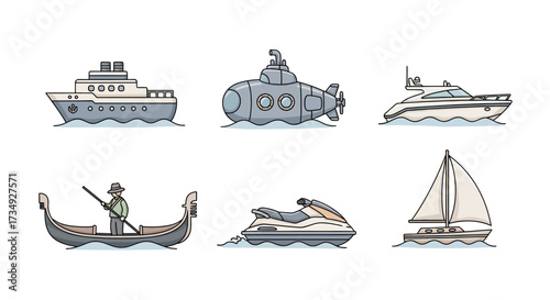 Vector art of collection of six different watercraft