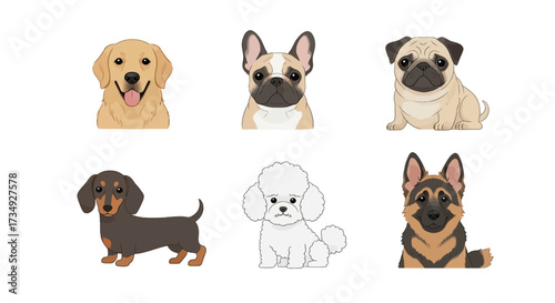 Vector art of collection of six different dog breeds