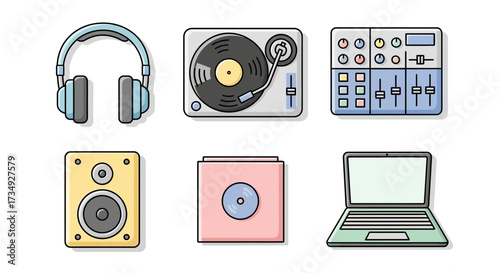 Vector art of collection of dj equipment and music production tools