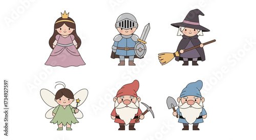 Vector art of set of fantasy characters including princess, knight, witch, fairy, and gnomes
