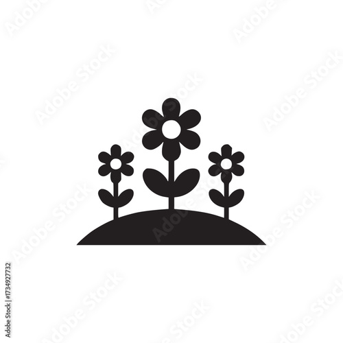Illustration of three flowers growing on a hill, presented as a simple black silhouette, ideal for naturethemed designs and representing growth