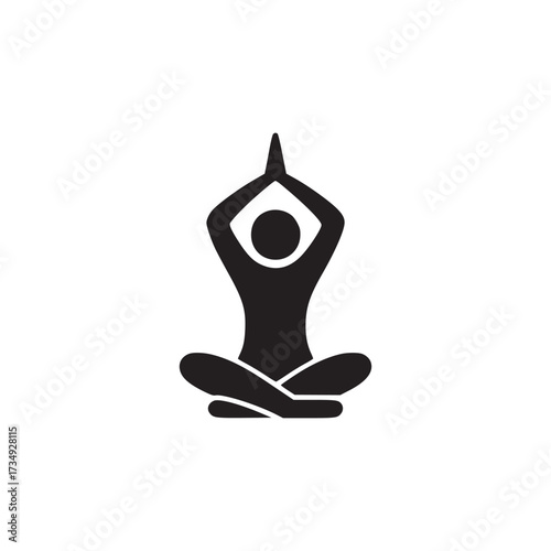 Vector art of silhouette of a person in a lotus position the figure is meditating with hands raised above the head, representing mindfulness, relaxation, and inner peace