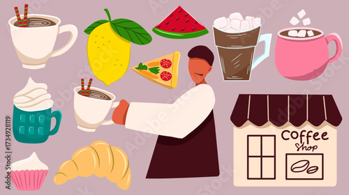 Vector Set of Breakfast Items Featured Hot Coffee, Tea, Pastry, Lemon, Watermelon, Coffee Shop and People Enjoying Coffee.