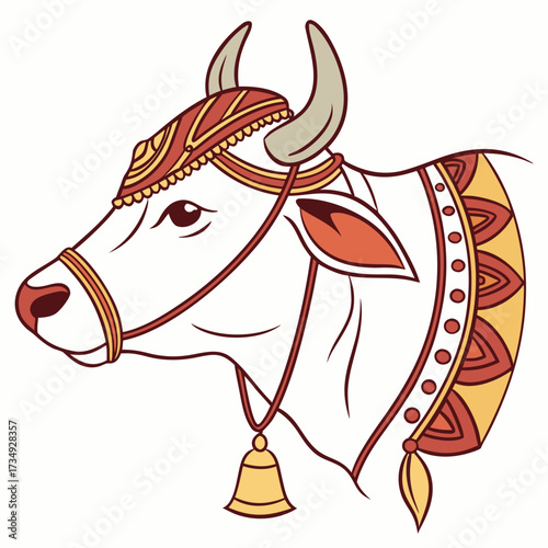 A beautifully decorated white cow with ornate headwear and a bell around its neck symbolizing prosperity and auspiciousness in indian culture and traditions