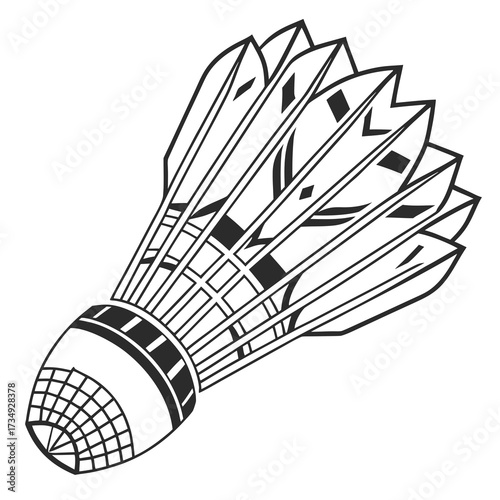A detailed black and white line art illustration of a badminton shuttlecock with its feathers fanned out against a plain white background