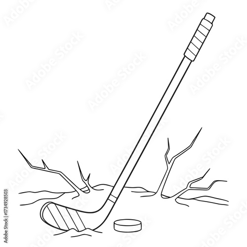 A simple black and white line drawing of a hockey stick and puck resting on the ice with scattered twigs and branches