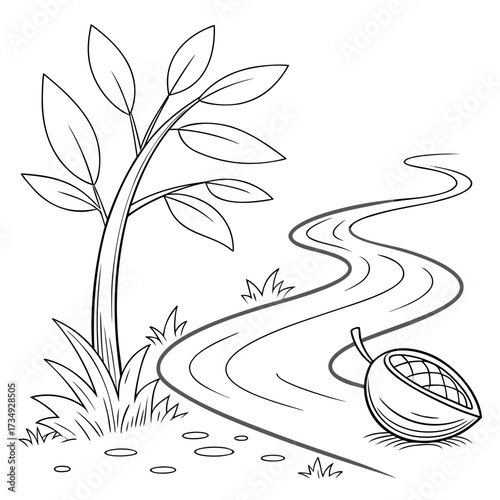 A simple black and white line drawing of a winding path next to a small tree and a fallen fruit on the ground