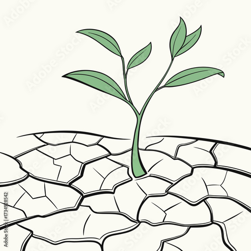 A single green sprout with leaves emerges from dry cracked earth symbolizing hope and resilience in harsh conditions