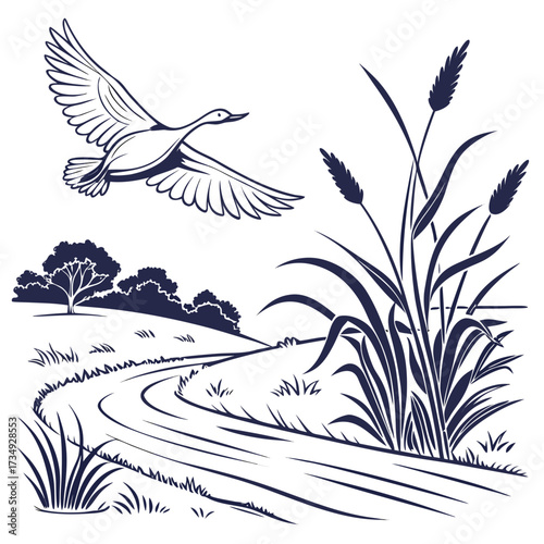 A solitary duck glides gracefully through the sky above a winding path through a grassy field with reeds and trees in the distance