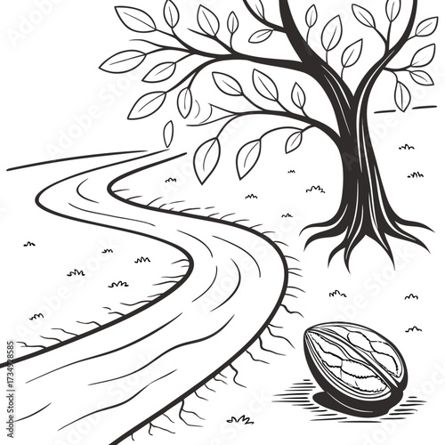A stylized black and white illustration depicts a winding path beside a large tree with a cracked open nut resting on the ground nearby