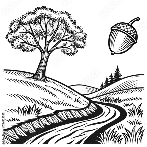 A stylized black and white illustration of a solitary oak tree on a rolling hill next to a winding path with a single acorn above