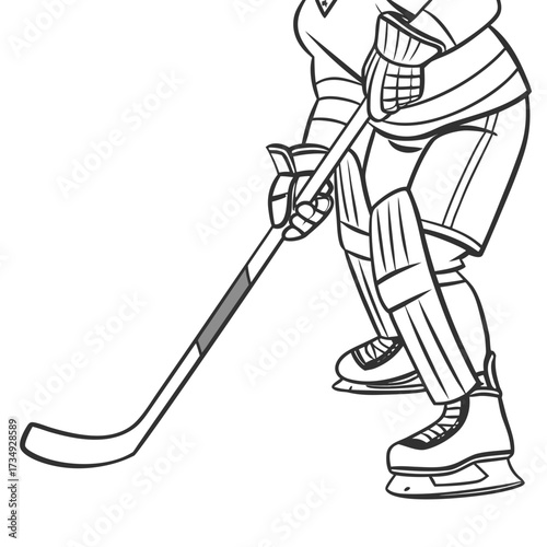 A stylized black and white line drawing illustration of a hockey player in full gear holding a stick in a ready stance on skates