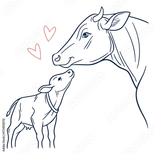 A tender moment captured in a simple line drawing of a mother cow and her calf sharing a loving gaze with soft pink hearts symbolizing their bond and affection