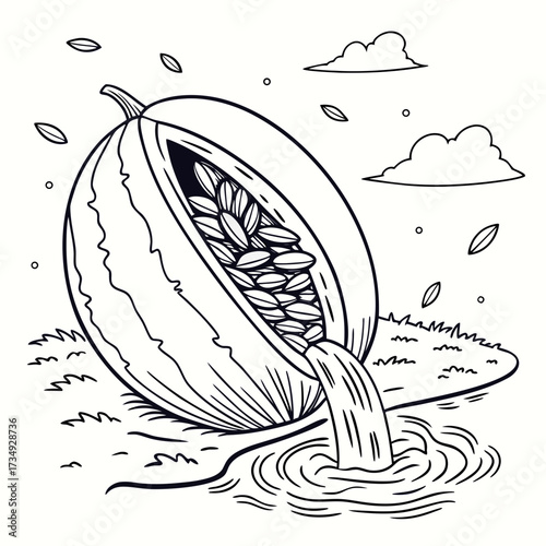 A whimsical line drawing depicts a halved watermelon spilling its seeds and juice into a body of water with a grassy bank and scattered leaves and clouds