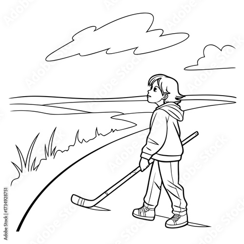 A young boy wearing a hooded jacket and sneakers walks along a path holding a hockey stick looking up at the sky with clouds above a scenic landscape