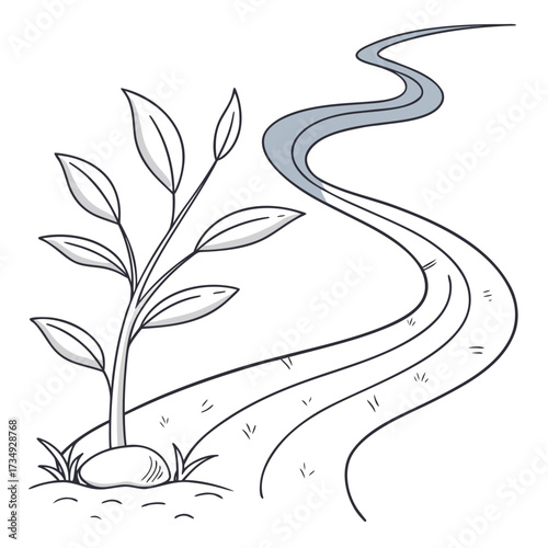 A young plant with leaves grows from the ground next to a winding path that splits into multiple lanes symbolizing choices and journeys