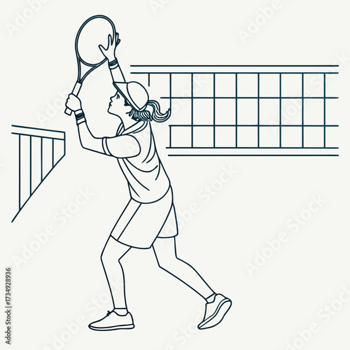 Stylized line art illustration of a young woman tennis player in motion hitting a powerful serve on a court with a net and fence in the background