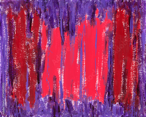 Expressive abstract painting with vertical streaks of purple, burgundy, crimson. Rough textured canvas surface, dripping paint layered colors. Artistic acrylic background.