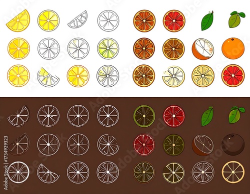 Citrus slices arranged in rows