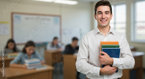 Portrait of a smiling young male teacher or professor holding books and standing in front of his students in a university classroom