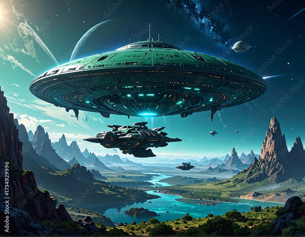 Obraz premium Futuristic Spacecraft Flying Above Alien Landscape, Exploring Distant Planet