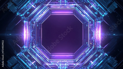 An octagonal portal glows with neon blues and purples, framed by complex, geometric structures