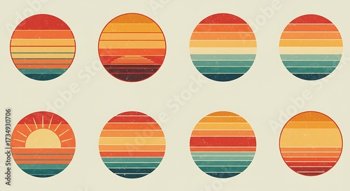 Retro sunset circle designs in various color combinations and styles