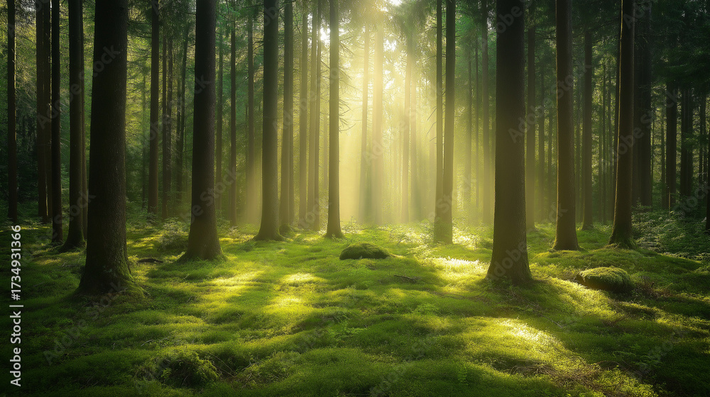 Obraz premium Beautiful Summer Forest Background with Sunlight – Nature Landscape Illustration