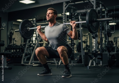 Muscular man doing heavy barbell back squat exercise in modern dark gym