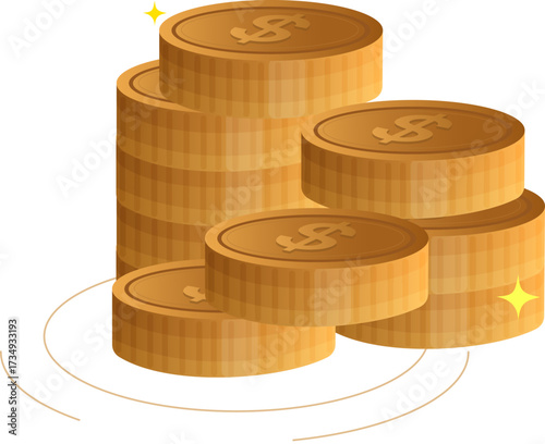 Gold coins rising with US dollar currency symbols isolated on a white background. Stacks of shiny money coins. Business and finance concept design element.