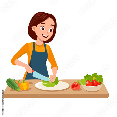 Illustration Cheerful Chef Kitchen Chops Vegetables Healthy Home Cooking Delicious