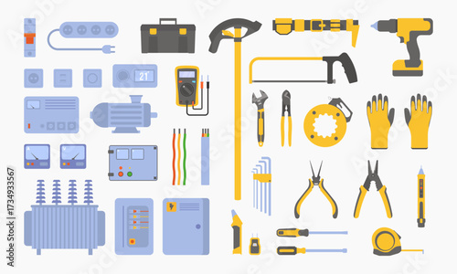 Electrician tools set. Vector illustrations of equipment for electric power control and repair. Cartoon multimeter and voltmeter, cables, wires isolated on white. Hardware, maintenance service concept