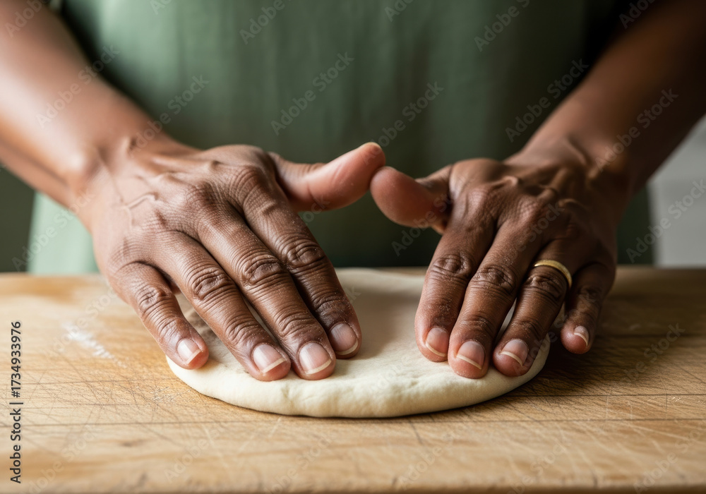 Fototapeta premium Skilled baker uses hands to knead smooth dough on wooden surface, preparing homemade bread in kitchen with careful attention and gentle pressure for perfect texture