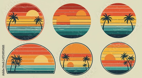 Retro sunset circle graphics with palm trees and ocean views for design elements