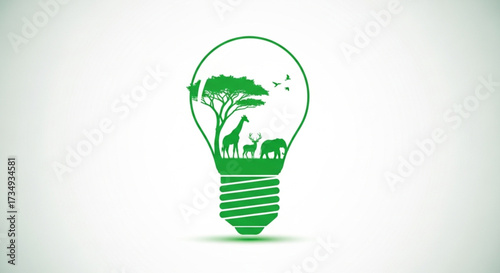 World Wildlife Day Green energy concept Silhouette of a lightbulb filled with nature, animals, and trees, symbolizing ecological balance and sustainability