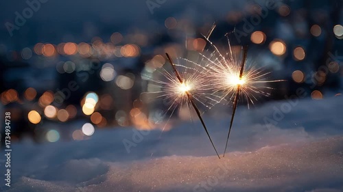 Sparkling celebration: Sparklers glowing in the snow against city lights background