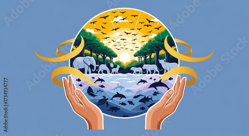 World Wildlife Day A conceptual vector illustration depicting hands carefully holding a sphere of nature, symbolizing the protection and conservation of global biodiversity across land, sea, and air