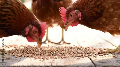 Close-up of three brown hens eagerly pecking at feed scattered on a rustic wooden surface outdoors.