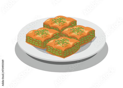 Baklava slices on a plate. Simple flat illustration.