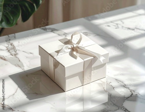 A small, elegant white gift box with a delicate ribbon sits on a polished white marble table, bathed in soft sunlight and shadows.